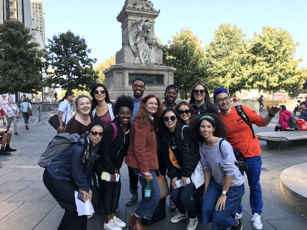 Arts Politics students and Karen Finley pose for group photo in Columbus Circle